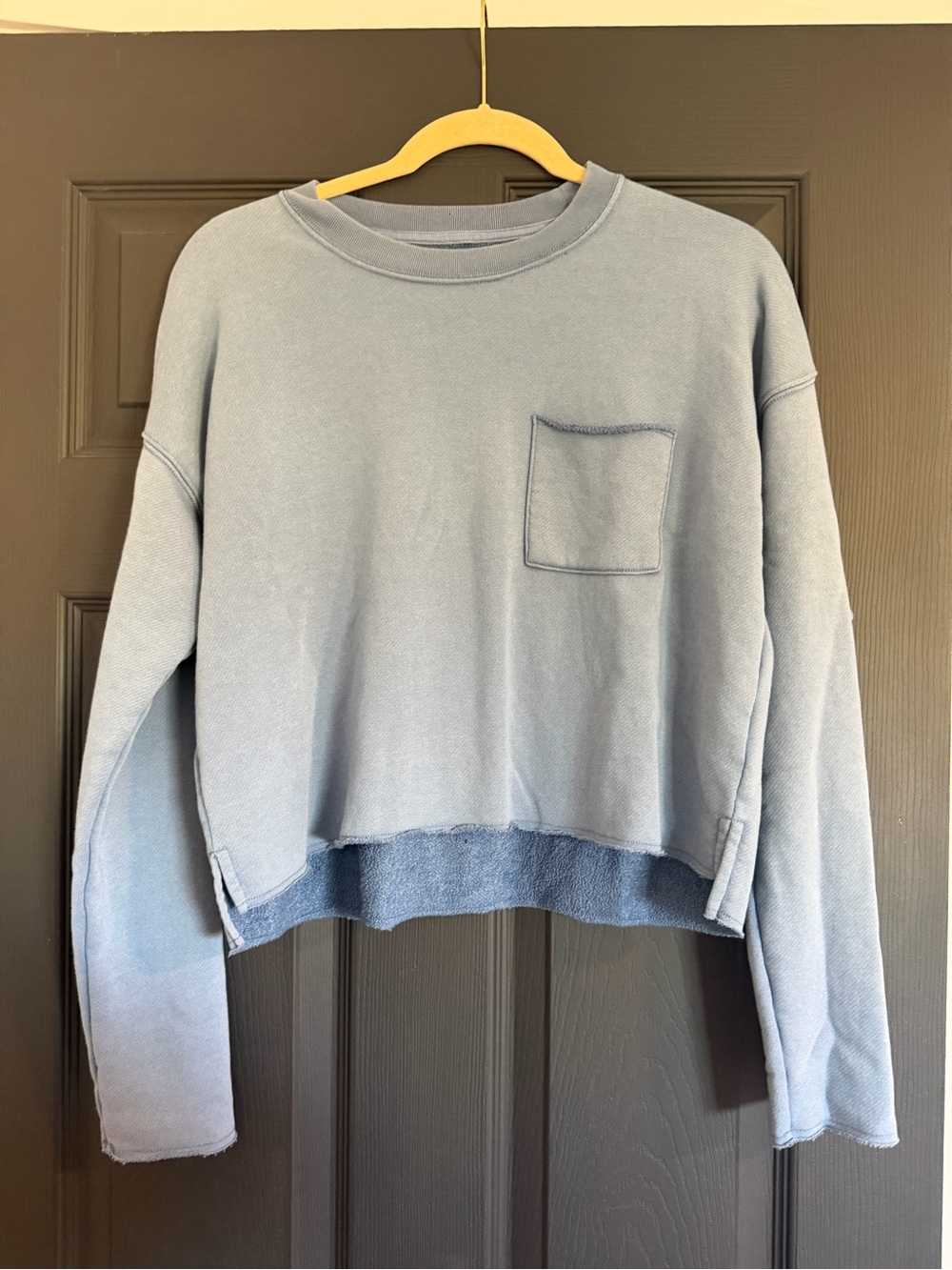 aerie Washed Light Blue Cropped Crewneck Sweater with Pocket